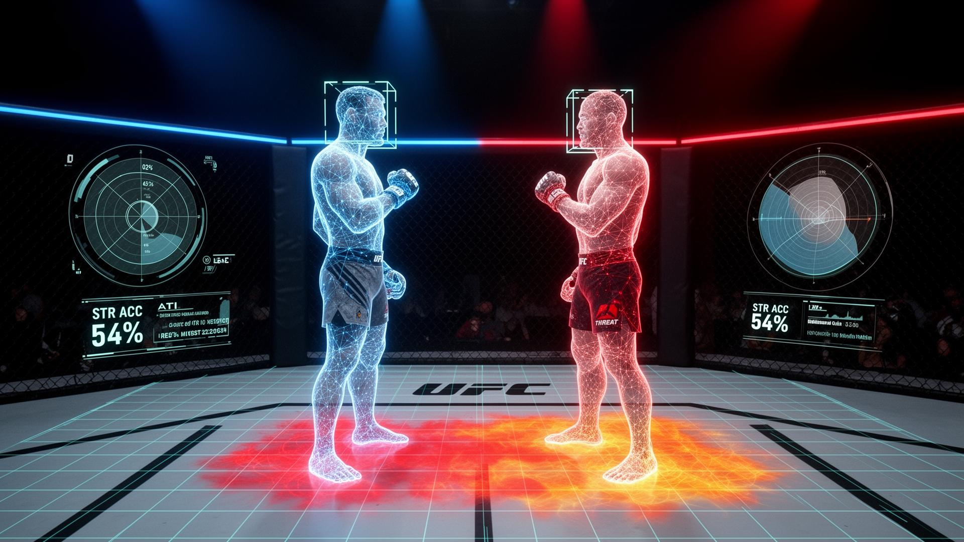 Two MMA fighters squared off inside the cage with AI scouting overlays